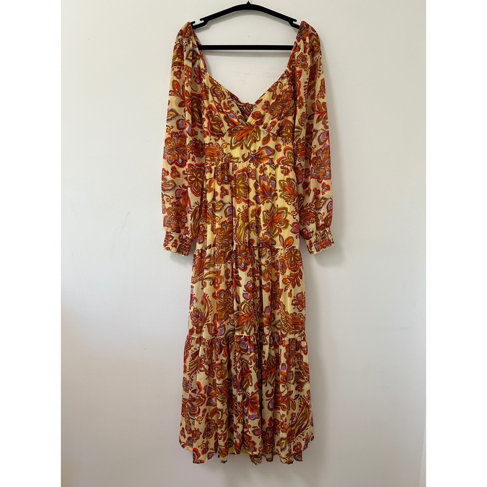 Jessica Simpson Floral Paisley Tiered Maxi Dress‎ Cutout Back Yellow Orange Med